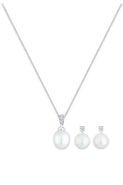 ELLI Schmuckset Süßwasserzuchtperle Diamant (0,10 ct.) 925 Silber