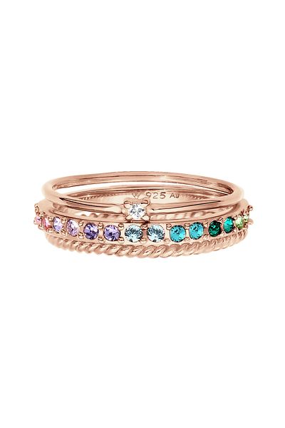 ELLI Ring Damen Set Multicolor funkelnd mit Kristallen bunt aus 925 Sterling Silber vergoldet