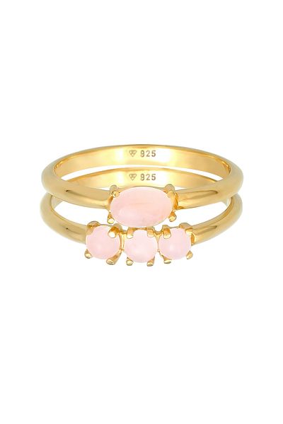 ELLI Ring Damen Stapelring Set Vintage Trend mit Rosenquarz in 925 Sterling Silber vergoldet