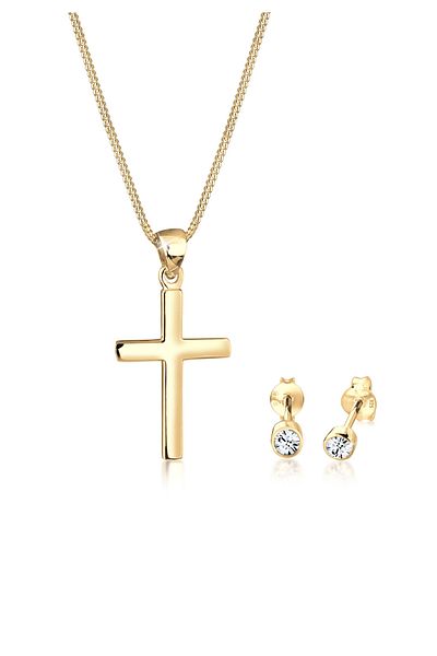 ELLI Schmuckset Kette Stecker Kreuz Kristalle Silber