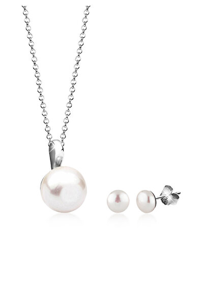 Nenalina Schmuckset Kette Ohrstecker Süßwasserperlen Chic 925 Gümüş