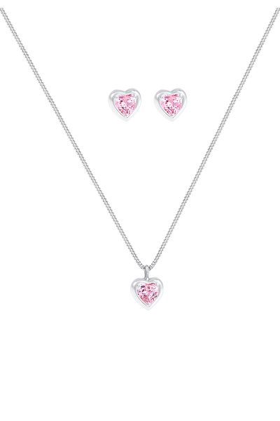 ELLI Schmuckset Kinder Kette Stecker Herz Zirkonia Rosa 925 Gümüş