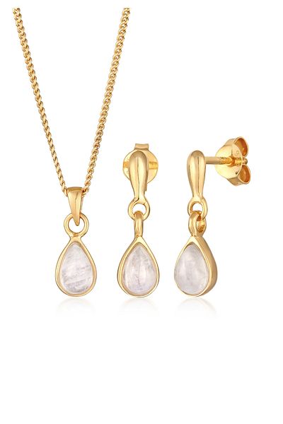 ELLI Schmuckset Mondstein Kette Ohrstecker 925 Silber vergoldet