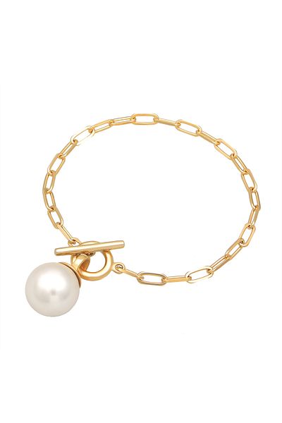 ELLI Armband Damen Links Basic Knebelverschluss mit synth. Perle in 925 Sterling Silber vergoldet