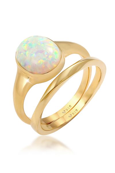 ELLI Ring Damen Precious Basic Twisted mit synthetischem Opal aus 925 Sterling Silber vergoldet