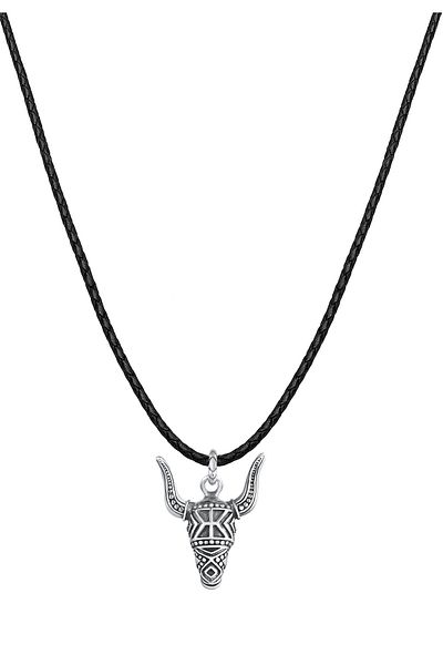 KUZZOI Halskette Halskette Herren Lederkette Stierkopf Oxidiert 925 Silber