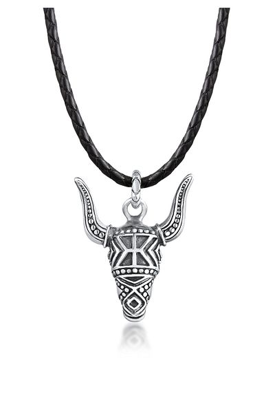 KUZZOI Halskette Halskette Herren Lederkette Stierkopf Oxidiert 925 Silber