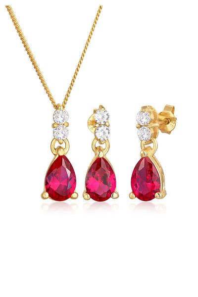 ELLI Schmuckset Kette Ohrhänger Syn. Rubin Zirkonia 925 Gümüş Vergoldet