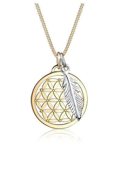 ELLI Halskette Damen Blume des Lebens Feder Anhänger Bicolor aus 925 Sterling Silber