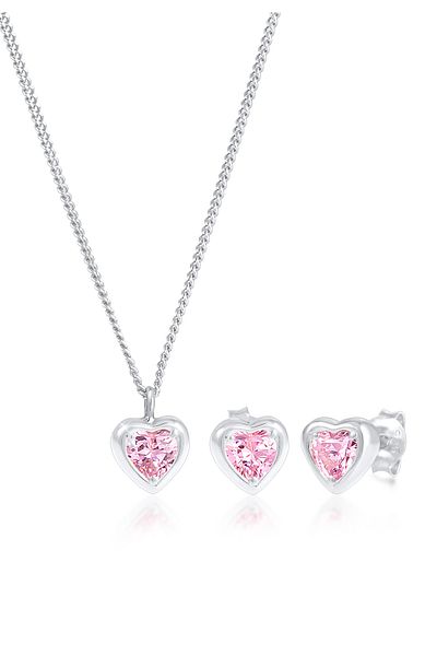 ELLI Schmuckset Kinder Kette Stecker Herz Zirkonia Rosa 925 Gümüş