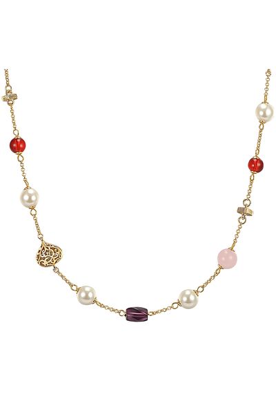 Lulu & Jane Modeschmuckhalskette Kette gelbgold Perle (synth.) creme Glaskristall bunt