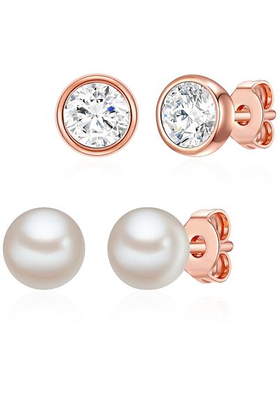Rafaela Donata Perlenarmband 2er Set Ohrstecker Sterling Silber roségold Süßwasser-Zuchtperle weiß verziert mit Kri