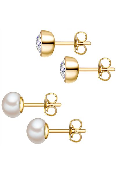 Rafaela Donata Perlenarmband 2er Set Ohrstecker Sterling Silber gelbgold Süßwasser-Zuchtperle weiß verziert mit Kri