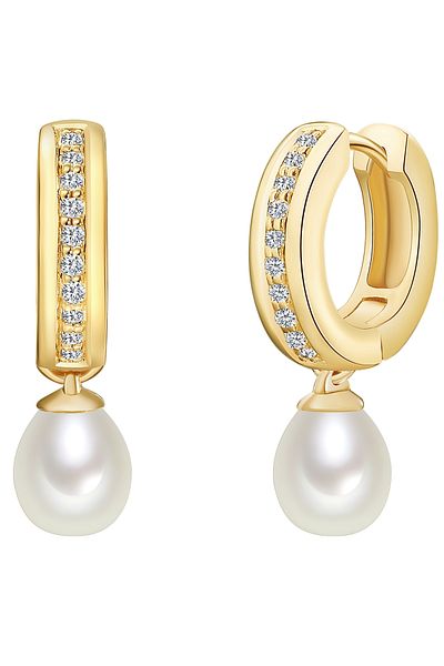 Valero Pearls Perlenohrcreolen Klappcreolen Sterling Silber gelbgold Süßwasser-Zuchtperle weiß Zirkonia weiß