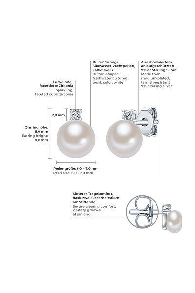 Valero Pearls Perlenohrstecker Ohrstecker Sterling Silber Süßwasser-Zuchtperle weiß Zirkonia weiß