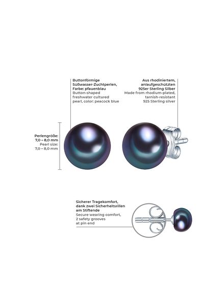 Valero Pearls Perlenohrstecker Ohrstecker Sterling Silber Süßwasser-Zuchtperle pfauenblau