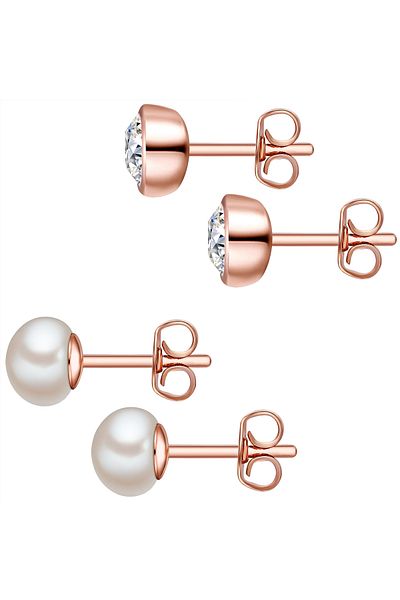 Rafaela Donata Perlenarmband 2er Set Ohrstecker Sterling Silber roségold Süßwasser-Zuchtperle weiß verziert mit Kri