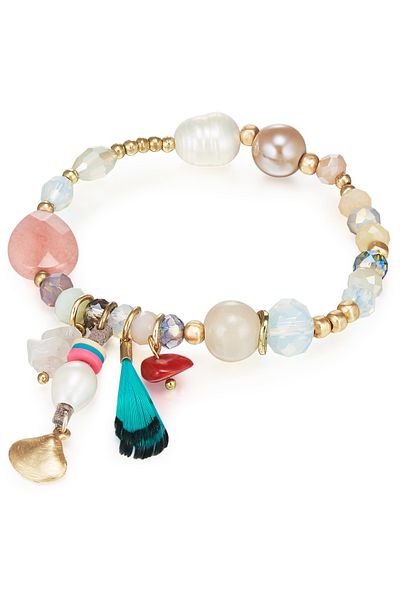 Lulu & Jane Modeschmuckarmband Armband gelbgold Süßwasser-Zuchtperle weiß Kristall bunt Naturstein
