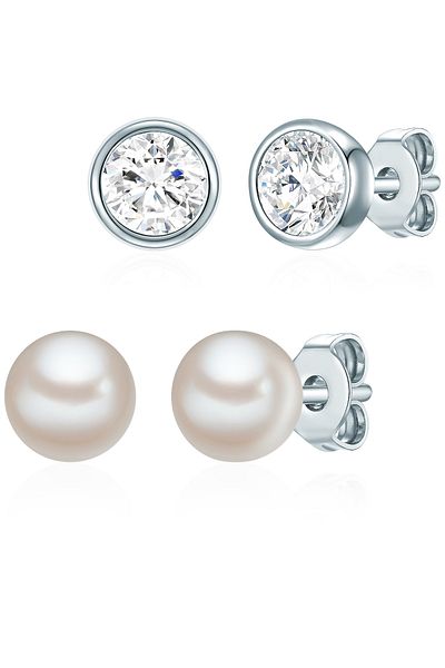 Rafaela Donata Perlenarmband 2er Set Ohrstecker Sterling Silber Süßwasser-Zuchtperle weiß verziert mit Kristallen v