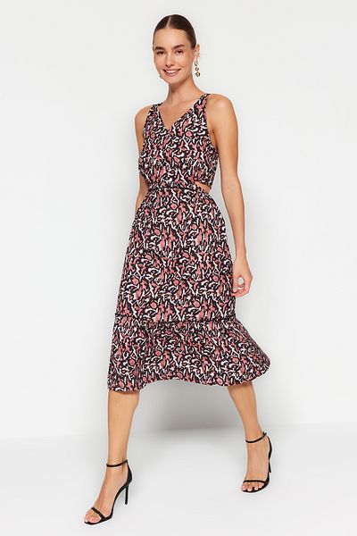 Trendyol Collection Hnědé leopardí midi šaty s výstřihem do V - A-Line Twoss23El02428