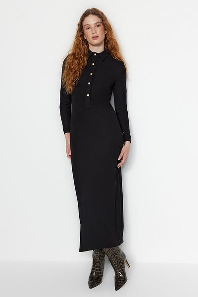 Trendyol Modest Μαύρο πλεκτό φόρεμα πόλο με χρυσά κουμπιά - TCTAW24EB00108