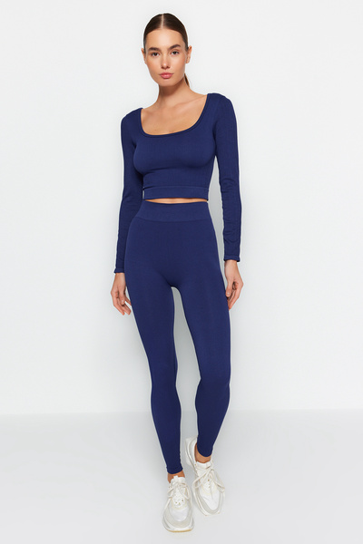 Trendyol Collection Tmavý námořnický bezešvý/bezešvý úplet Extra pružný pletený sportovní top/halenka TWOAW22BZ0450