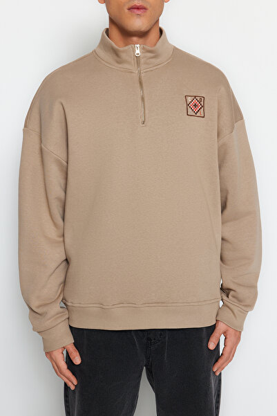 Trendyol Collection Извънгабаритен бродиран поларен суичър с цип и норка - TMNAW24sw00132