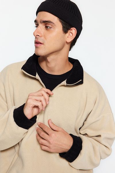 Trendyol Collection Μπεζ φούτερ Fleece Oversize Anti-pilling - Μισό φερμουάρ, γιακάς TMNAW24SW00036