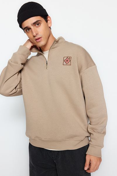 Trendyol Collection Извънгабаритен бродиран поларен суичър с цип и норка - TMNAW24sw00132