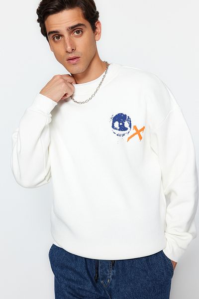 Trendyol Collection Εκρού 100% βαμβάκι Oversize/Φαρδιά κοπή γεωμετρική στάμπα φούτερ TMNAW24SW00200