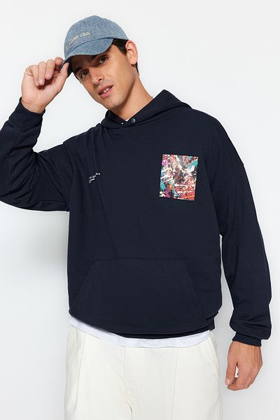 Trendyol Collection Navy Blue Oversize Hooded Sweatshirt - Back Art Printed TMNAW24SW00056