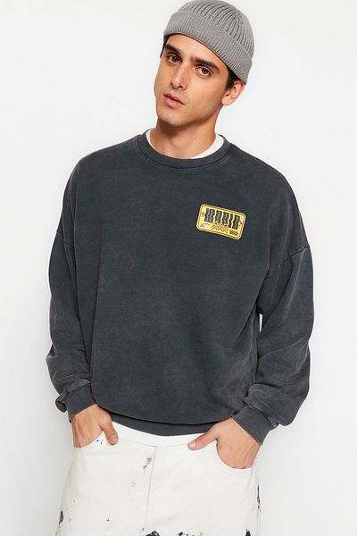 Trendyol Collection Антрацитен цвят Oversize Vintage суичър - 100% памук Tmnaw24Sw00080