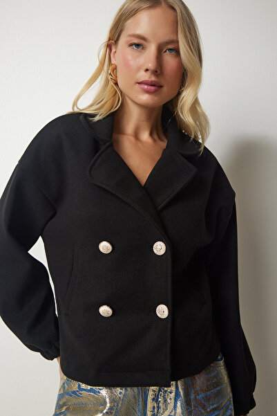 Happiness İstanbul Dámská černá metalová kašmírová bunda s knoflíky DD01258