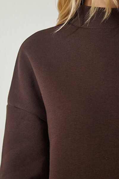 Happiness İstanbul Dámská hnědá mikina se stojáčkem Basic žebrovaná mikina UB00166