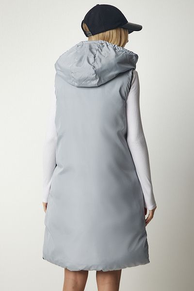Happiness İstanbul Women's Black Gray Hooded Long Puffer Vest VP00002