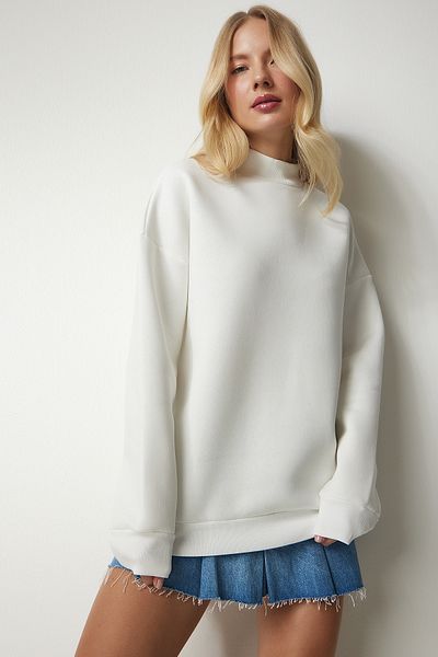Happiness İstanbul Ecrufarbenes Basic-Sweatshirt mit Stehkragen für Damen, gerippt, UB00166