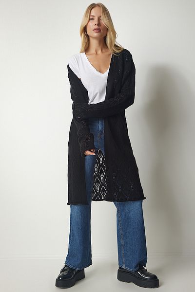 Happiness İstanbul Woman's Black Long Knitted Cardigan MX00136