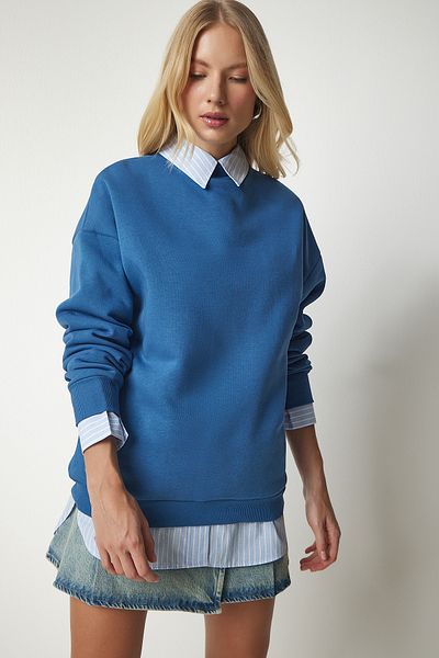 Happiness İstanbul Dámská žebrovaná mikina Indigo Blue Stand Collar Basic UB00166