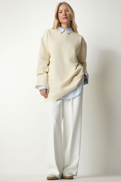 Happiness İstanbul Hanorac tricotat oversize cu nervuri latte pentru femei NJ00131