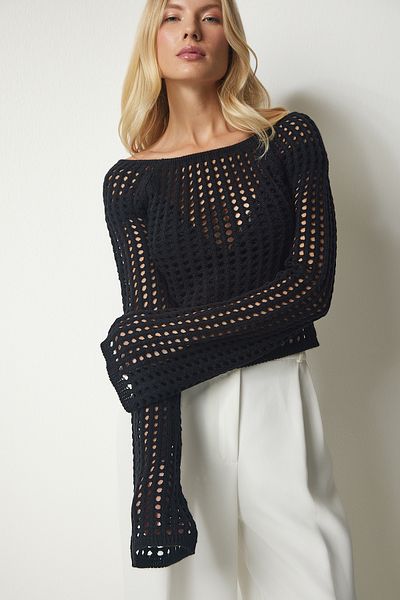 Happiness İstanbul Schwarzer Damen-Kurzpullover mit durchbrochenem U-Boot-Ausschnitt und Strickmuster PF00016