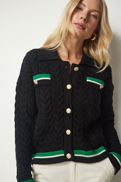 Happiness İstanbul Women's Black Knitted Motif Knitwear Cardigan PF00009