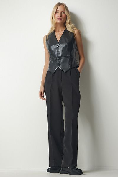 Happiness İstanbul Schwarze Palazzo-Hose mit Taschen für Damen DW00001