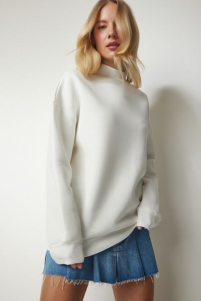 Happiness İstanbul Ecrufarbenes Basic-Sweatshirt mit Stehkragen für Damen, gerippt, UB00166
