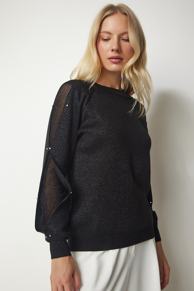 Happiness İstanbul Pulover de damă, negru, cu mânecă transparentă, cu sclipici, tricotaje PF00017