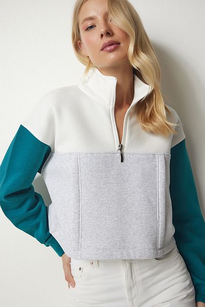 Happiness İstanbul Graues, smaragdgrünes, geripptes, kurzes Sweatshirt mit Reißverschlusskragen für Damen NJ00130