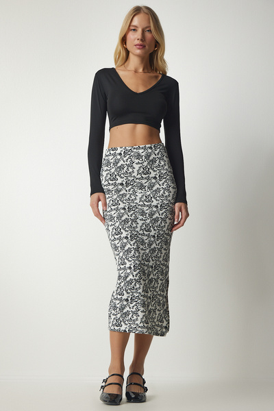 Happiness İstanbul Dámská černobílá košilková sukně s rozparkem MC00221