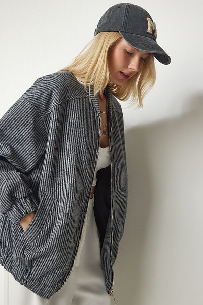 Happiness İstanbul Dámská světle šedá bunda Bomber Stamp na zip FN03088