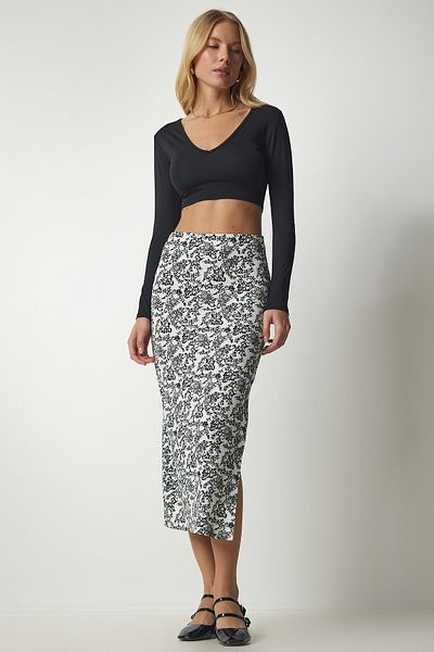 Happiness İstanbul Fustă camisole cu fantă cu model alb - negru pentru femei MC00221