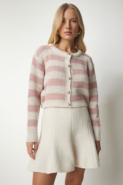 Happiness İstanbul Kurzer Cardigan aus gewelltem Strick mit cremefarbenen Metallknöpfen für Damen, MW00129