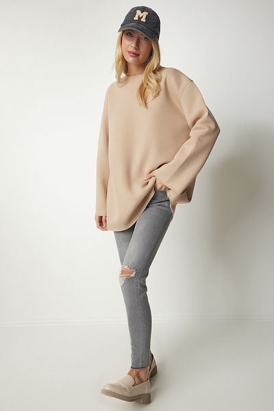 Happiness İstanbul Geripptes Oversize-Sweatshirt aus Strick für Damen in Kamel NJ00131
